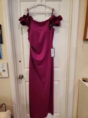 Xscape Fuchsia Off-Shoulder Ruffle Gown